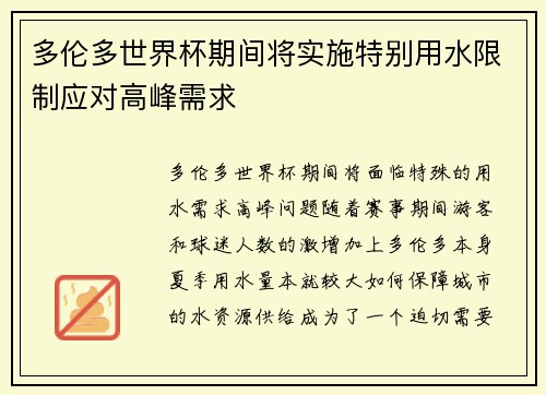 多伦多世界杯期间将实施特别用水限制应对高峰需求