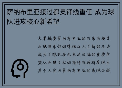 萨纳布里亚接过都灵锋线重任 成为球队进攻核心新希望