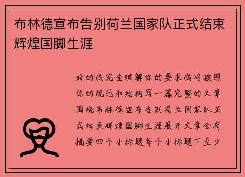 布林德宣布告别荷兰国家队正式结束辉煌国脚生涯