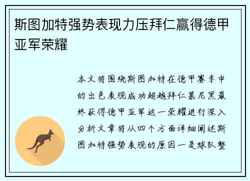 斯图加特强势表现力压拜仁赢得德甲亚军荣耀