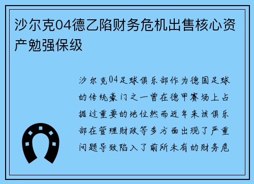 沙尔克04德乙陷财务危机出售核心资产勉强保级 沙尔克04德乙陷财务危机出售核心资产勉强保级